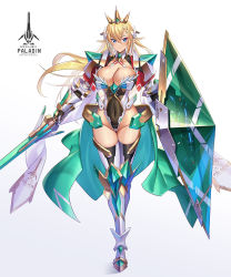 Rule 34 | 1girl, armor, armored boots, axe, blonde hair, blue eyes, blush, boots, breasts, cleavage, closed mouth, collarbone, commentary request, covered navel, elf, full body, gauntlets, hair ornament, highleg, highleg leotard, highres, holding, holding sword, holding weapon, large breasts, leotard, long hair, looking at viewer, mecha musume, original, overskirt, pointy ears, shield, shiny skin, simple background, smile, standing, sword, takamine nadare, thigh boots, weapon, white background