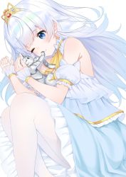 Rule 34 | 1girl, ;t, animal, bare shoulders, blue dress, blue eyes, blush, cat, closed mouth, detached sleeves, dress, feet out of frame, frilled dress, frills, grey cat, hashiko nowoto, highres, layered dress, long hair, lying, neck ribbon, on side, original, pantyhose, puffy short sleeves, puffy sleeves, ribbon, short sleeves, smile, solo, tiara, very long hair, white hair, white pantyhose, wrist cuffs, yellow ribbon