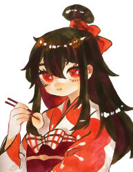 Rule 34 | 1girl, alternate costume, black hair, bow, chewing, chopsticks, closed mouth, commentary request, dumpling, eyebrows hidden by hair, food, hair bun, hair ribbon, holding, holding chopsticks, japanese clothes, kimono, library of ruina, long hair, long sleeves, mochigome 138, obi, project moon, red eyes, red kimono, red ribbon, ribbon, sash, simple background, single hair bun, solo, white background, xiao (project moon)