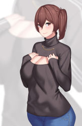 Rule 34 | 1girl, black sweater, blue pants, blush, breasts, brown eyes, brown hair, cleavage, cleavage cutout, clothing cutout, cowboy shot, denim, franham, hair between eyes, hands on own chest, highres, jeans, jewelry, kaga (kancolle), kantai collection, large breasts, long hair, long sleeves, looking at viewer, meme attire, open-chest sweater, pants, ribbed sweater, ring, side ponytail, sleeves past wrists, smile, solo, sweater, turtleneck, turtleneck sweater, wedding band, zoom layer