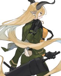 Rule 34 | 1girl, absurdres, animal ears, arknights, blonde hair, breasts, brown eyes, commentary, degenbrecher (arknights), facing away, goat ears, goat girl, goat horns, goat tail, green jacket, highres, horns, jacket, large breasts, long hair, looking at viewer, looking back, orange shirt, shirt, sidelocks, simple background, solo, sword, very long hair, weapon, white background, yakota (usuk-yako)
