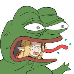 Rule 34 | 1girl, animal costume, blonde hair, blue eyes, boy&#039;s club, dungeon meshi, elf, frog costume, highres, marcille donato, open mouth, pantsu-ripper, pepe the frog, pointy ears, simple background, white background