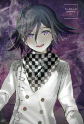 Rule 34 | 1boy, :d, ascot, black hair, buttons, chain, checkered ascot, checkered clothes, coat, copyright name, danganronpa (series), danganronpa v3: killing harmony, double-breasted, hair between eyes, head tilt, kippu, long sleeves, looking at viewer, male focus, messy hair, multicolored hair, open mouth, oma kokichi, pale skin, purple background, purple hair, ringed eyes, round teeth, safety pin, signature, smile, smoke, solo, streaked hair, teeth, unmoving pattern, upper body, upper teeth only, white coat