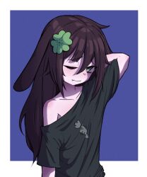 Rule 34 | 1girl, animal ears, arm behind head, arm up, black shirt, blankcode, blue background, border, brown hair, carrot print, closed mouth, clover hair ornament, collarbone, fang, flat chest, food print, frown, green eyes, hair ornament, indie virtual youtuber, kiyomi pyon-pyon, long hair, looking at viewer, lop rabbit ears, off shoulder, one eye closed, outside border, oversized clothes, oversized shirt, rabbit ears, rabbit girl, shirt, skin fang, sleepy, solo, virtual youtuber, white border