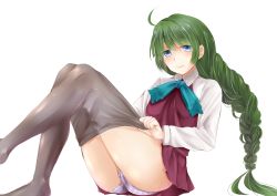 Rule 34 | 10s, 1girl, ahoge, bad id, bad pixiv id, blue eyes, blush, braid, clothes pull, green hair, kantai collection, long hair, masayo (gin no ame), mole, mole under mouth, panties, pantyhose, pantyhose pull, simple background, single braid, skirt, smile, solo, thighs, underwear, yuugumo (kancolle)