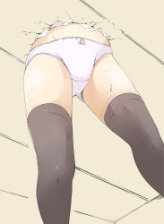 Rule 34 | 1girl, black thighhighs, bow, bow panties, ceiling, close-up, cuts, head through ceiling, highres, injury, lower body, mepikari, mystia lorelei, panties, scratches, solo, stuck, sweat, thighhighs, through wall, touhou, underwear