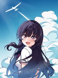 Rule 34 | 1girl, :d, aircraft, black hair, blue sky, blunt bangs, blush, commentary request, day, eyelashes, floating hair, from behind, glider, habane kotori, happy, highres, kono oozora ni tsubasa wo hirogete, long hair, looking at viewer, looking back, open mouth, outdoors, purple eyes, ray (rays 26), school uniform, shirt, short sleeves, sidelocks, sky, smile, solo, sunlight, tsurime, upper body, white shirt
