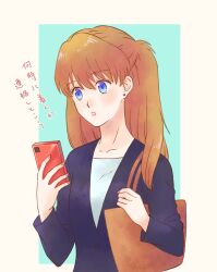 Rule 34 | 1girl, aged up, bag, blue eyes, breasts, brown hair, cellphone, evangelion: 3.0+1.0 thrice upon a time, jacket, long hair, looking away, masago ksb, neon genesis evangelion, phone, rebuild of evangelion, small breasts, solo, souryuu asuka langley, standing, translation request