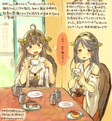 Rule 34 | 10s, 2girls, ahoge, bare shoulders, black hair, brown hair, colored pencil (medium), dated, detached sleeves, double bun, hair ornament, hairband, haruna (kancolle), headgear, japanese clothes, kantai collection, kirisawa juuzou, kongou (kancolle), long hair, multiple girls, nontraditional miko, numbered, personification, traditional media, translation request, twitter username
