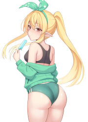 Rule 34 | 1girl, :/, absurdres, ass, aura (aurapls), bare shoulders, black sports bra, blonde hair, bow, bow hairband, breasts, brown eyes, buruma, closed mouth, commentary, cowboy shot, double vertical stripe, food, from behind, green bow, green buruma, green jacket, hair between eyes, hairband, highres, holding, holding food, jacket, light blush, long hair, long sleeves, looking at viewer, looking back, medium breasts, nijisanji, nijisanji en, off shoulder, pointy ears, pomu rainpuff, ponytail, popsicle, simple background, solo, sports bra, very long hair, virtual youtuber, white background