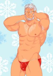 Rule 34 | 1boy, abs, armpit hair, armpits, bara, beard, bulge, chest hair, cowboy shot, ded (housamo), facial hair, glasses, goshingo1, grey hair, hands on own neck, large pectorals, looking at viewer, male focus, male pubic hair, male swimwear, mature male, muscular, muscular male, navel, nipples, old, old man, pectorals, pubic hair, red male swimwear, short hair, smile, solo, stomach, swim briefs, thick eyebrows, thick thighs, thighs, tokyo houkago summoners, topless male