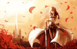 Rule 34 | 00s, 1girl, bad id, bad pixiv id, beatrix, belt, brown hair, castle, coat, curly hair, eyepatch, final fantasy, final fantasy ix, flower, multiple belts, pantyhose, parsley-f, petals, red flower, red rose, rose, rose petals, save the queen, sleeveless, solo, standing, sunlight, sword, weapon, wind