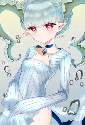 Rule 34 | + +, 1girl, blush, braid, breasts, choker, closed mouth, crown braid, curled horns, dated, dress, fate/grand order, fate/grand order arcade, fate (series), highres, horns, jewelry, larva tiamat (fate), larva tiamat (first ascension) (fate), long hair, long horns, long sleeves, looking at viewer, manato purin, pendant, pink eyes, pointy ears, ribbed dress, silver hair, small breasts, solo, symbol-shaped pupils, tail, tiamat (fate), water drop, white dress