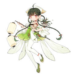 Rule 34 | 1girl, absurdres, ahoge, black hair, blush, braid, braided hair rings, brown eyes, dragonfly wings, full body, green footwear, green skirt, hair rings, highres, ibex, insect wings, lantern, original, pantyhose, paper lantern, plant, potted plant, shoes, simple background, skirt, smile, solo, white background, wings
