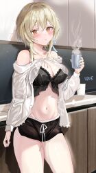 Rule 34 | 1girl, absurdres, alternate costume, artist name, bare shoulders, black bra, black shorts, blonde hair, blush, bra, breasts, brown eyes, coffee, commentary, cup, dolphin shorts, dress, genshin impact, hair between eyes, harune rane, highres, holding, holding cup, kitchen, lace, lace-trimmed bra, lace trim, large breasts, lumine (genshin impact), navel, open clothes, open dress, short hair with long locks, short shorts, shorts, solo, steam, thighs, underwear, white dress