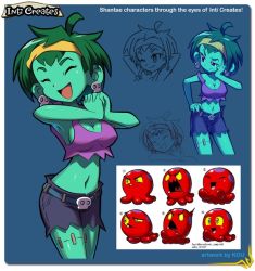 Rule 34 | 1girl, ahoge, armpits, arms up, breasts, cleavage, colored skin, concept art, cutoffs, earrings, green hair, green skin, hairband, hand on own hip, happy, jewelry, kou (makoto yabe), midriff, navel, octopus, official art, red eyes, rottytops, shantae: half-genie hero, shantae (series), shantae and the pirate&#039;s curse, short hair, shorts, sideboob, skull earrings, squid baron, stitches, strap slip, tank top, wayforward, zombie
