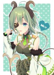 Rule 34 | 1girl, :d, absurdres, blue eyes, braid, breasts, center frills, character name, cleavage, detached sleeves, dress, eyepatch, frills, fur-trimmed sleeves, fur trim, green background, green dress, green hair, hair between eyes, hand up, heart, highres, honey strap, kusumoto shizuru, lace-trimmed sleeves, lace trim, layered dress, long hair, medium breasts, nanashi inc., open clothes, open mouth, open vest, outline, pixelated, pleated dress, see-through, see-through cleavage, sekishiro mico, single braid, sleeves past wrists, smile, solo, two-tone background, very long hair, vest, virtual youtuber, white background, white outline, white sleeves, white vest