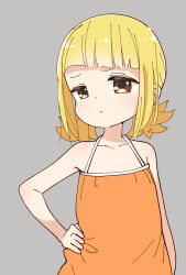Rule 34 | 1girl, bare shoulders, blonde hair, blunt bangs, brown eyes, closed mouth, collarbone, commentary request, dress, grey background, hand on own hip, highres, katsuwo (cr66g), kise saki, looking at viewer, medium hair, mitsuboshi colors, orange dress, simple background, sleeveless, sleeveless dress, solo, upper body