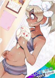 Rule 34 | 1girl, :i, absurdres, alcremie, alternate costume, bea (pokemon), belly grab, blonde hair, calendar (object), closed mouth, cowboy shot, creatures (company), dark-skinned female, dark skin, english text, eyelashes, female focus, food, fumirumochigashin, game freak, gen 6 pokemon, gen 8 pokemon, grey eyes, grey shorts, hairband, hand on own stomach, hand up, highres, holding, ice cream, ice cream cone, indoors, japanese text, looking down, mixed-language text, nintendo, pinching, pokemon, pokemon swsh, pumpkaboo, shaded face, short shorts, shorts, standing, sweat, translation request, weight conscious, white hairband