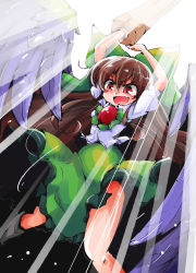 Rule 34 | &gt;:d, 1girl, :d, absurdres, arm cannon, bow, brown hair, cape, hair bow, hand up, highres, light rays, long hair, open mouth, red eyes, reiuji utsuho, ribbon, shinapuu, short sleeves, simple background, skirt, smile, solo, sunbeam, sunburst, sunlight, third eye, touhou, v-shaped eyebrows, very long hair, weapon, wings