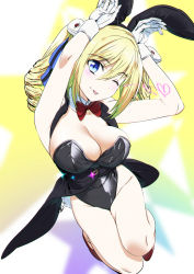 Rule 34 | 1girl, angelina kudou shields, animal ears, black leotard, black vest, blonde hair, blue eyes, bow, bowtie, breasts, cleavage, commentary request, detached collar, drill hair, fake animal ears, gloves, hair between eyes, hair ribbon, head tilt, highres, large breasts, leotard, long hair, looking at viewer, mahouka koukou no rettousei, mamezuka takashi, playboy bunny, rabbit ears, rabbit pose, red bow, red bowtie, ribbon, solo, tongue, tongue out, twin drills, twintails, vest, white gloves, wrist cuffs