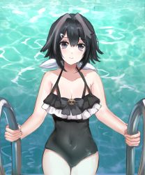 Rule 34 | 1girl, arknights, bare arms, bare shoulders, black bow, black eyes, black hair, black one-piece swimsuit, blue sealad, blush, bow, breasts, casual one-piece swimsuit, cleavage, closed mouth, collarbone, covered navel, cowboy shot, day, frilled one-piece swimsuit, frilled swimsuit, frills, hair ornament, hairclip, highres, la pluma (arknights), looking at viewer, medium breasts, one-piece swimsuit, outdoors, pool, pool ladder, short hair, smile, solo, standing, swimsuit, thigh gap, water