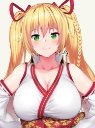 Rule 34 | .live, 1girl, bare shoulders, batsu, blonde hair, blush, braid, breasts, cleavage, closed mouth, collarbone, commentary, detached sleeves, green eyes, grey background, hair between eyes, japanese clothes, kongou iroha, large breasts, long hair, long sleeves, looking at viewer, miko, nontraditional miko, obi, red ribbon, ribbon, sash, simple background, smile, solo, twintails, upper body, virtual youtuber