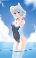 Rule 34 | 1girl, absurdres, ailae, animal ear fluff, animal ears, bad id, bad pixiv id, black one-piece swimsuit, blue archive, blue eyes, blue sky, cloud, competition swimsuit, cowboy shot, cross hair ornament, day, extra ears, grey hair, hair ornament, halo, highres, medium hair, mismatched pupils, multicolored clothes, multicolored swimsuit, one-piece swimsuit, outdoors, partially submerged, partially underwater shot, shiroko (blue archive), shiroko (swimsuit) (blue archive), sky, solo, swimsuit, underwater, wading