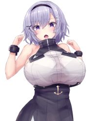 Rule 34 | 1girl, anchor, arms up, azur lane, bare shoulders, black hairband, blush, breasts, grey hair, hair between eyes, hair ornament, hairband, hairclip, highres, huge breasts, large breasts, looking at viewer, md5 mismatch, open mouth, purple eyes, reno (azur lane), resolution mismatch, see-through, shirt, short hair, simple background, skirt, sleeveless, solo, source larger, underboob, wet, wet clothes, wet shirt, white background, yuuki shuri