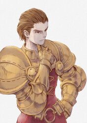 Rule 34 | armor, brown eyes, brown hair, delita heiral, final fantasy, final fantasy tactics, gauntlets, hair slicked back, hand on own hip, highres, o-ring, shinichi kobe, short hair, simple background, standing, white background
