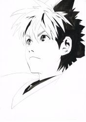 Rule 34 | 1boy, absurdres, american football uniform, commentary request, determined, eye reflection, eyeshield 21, greyscale, hair between eyes, highres, kobayakawa sena, looking up, male focus, monochrome, murata yuusuke, pointy hair, portrait, reflection, simple background, solo, sportswear, white background