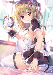 Rule 34 | 1girl, alarm clock, apron, back bow, bed, bed sheet, blonde hair, blush, bow, breasts, brown eyes, clock, closed mouth, covered erect nipples, curtains, garter straps, hair ornament, hair ribbon, hairclip, heart, heart hair ornament, highres, holding, indoors, kurou (quadruple zero), looking at viewer, maid, maid apron, maid headdress, medium breasts, on bed, original, panties, ribbon, sideboob, sitting, smile, solo, thighhighs, thighs, underwear, white panties, white thighhighs, window, wrist cuffs