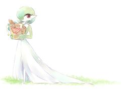 Rule 34 | 1girl, absurdres, baguette, basket, bob cut, bread, colored skin, creatures (company), day, female focus, flat chest, food, full body, game freak, gardevoir, gen 3 pokemon, grass, green hair, green skin, hair over one eye, hands up, highres, holding, holding basket, jinyui numa, looking to the side, multicolored skin, nintendo, no mouth, one eye covered, outdoors, picnic basket, pokemon, pokemon (creature), red eyes, rug, short hair, simple background, solo, standing, two-tone skin, walking, white background, white skin