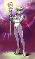 Rule 34 | 1girl, blonde hair, breasts, closed mouth, colored skin, final fantasy, final fantasy ix, holding, leotard, official alternate costume, puffy sleeves, purple skin, red eyes, short hair, solo, staff, trance garnet til alexandros xvii, uboar, weapon, white leotard