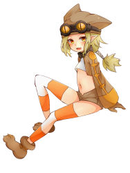Rule 34 | 1girl, blonde hair, blush, brown shorts, collar, disgaea, gloves, goggles, hat, highres, long hair, midriff, mine1225, navel, petite, pointy ears, ponytail, shorts, simple background, solo, striped clothes, striped thighhighs, thief (disgaea), thighhighs, white background, yellow eyes