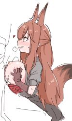 Rule 34 | 1boy, 1girl, animal ears, arknights, black skirt, blush, bra, bra pull, breasts, breasts out, breasts squeezed together, brown gloves, brown hair, clothes pull, fox ears, fox girl, fox tail, franka (arknights), from side, gloves, grey shirt, heart, heavy breathing, hetero, large breasts, long hair, looking at another, nikukabe, nipples, paizuri, penis, red bra, shirt, short sleeves, sidelocks, sketch, skirt, smile, solo focus, tail, underwear, white background