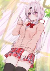 Rule 34 | 1girl, black thighhighs, blouse, blurry, blurry background, blush, bow, bowtie, breasts, brown cardigan, cardigan, closed mouth, commentary request, curtains, depth of field, dutch angle, hair between eyes, hair ornament, hairclip, hand up, highres, long hair, long sleeves, looking at viewer, nijisanji, pink hair, plaid, plaid skirt, pleated skirt, purple eyes, racchi., red bow, red bowtie, red ribbon, red skirt, ribbon, school uniform, shiina yuika, shiina yuika (1st costume), shirt, short hair, skirt, sleeves past wrists, small breasts, solo, thighhighs, transparent, very long hair, virtual youtuber, white shirt, window