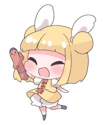 Rule 34 | 1girl, arm up, armor, armored dress, blonde hair, blunt bangs, blush, chibi, closed eyes, double bun, full body, hair bun, haniwa (statue), happy, holding, joutouguu mayumi, open mouth, outstretched arms, puffy short sleeves, puffy sleeves, rishita, short hair, short sleeves, simple background, smile, solo, standing, standing on one leg, touhou, white background