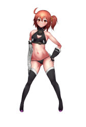 Rule 34 | 1girl, absurdres, ahoge, arm belt, bandaged arm, bandages, bare shoulders, black gloves, black panties, black thighhighs, blush, breasts, c-low, cleavage cutout, closed mouth, clothing cutout, cosplay, crop top, fate/apocrypha, fate/grand order, fate (series), fingerless gloves, fujimaru ritsuka (female), full body, gloves, hair between eyes, hair ornament, hair scrunchie, hand on own hip, highres, jack the ripper (fate/apocrypha), jack the ripper (fate/apocrypha) (cosplay), legs, looking at viewer, lowleg, lowleg panties, medium breasts, one side up, orange eyes, orange hair, panties, purple footwear, scrunchie, short hair, simple background, single glove, smile, solo, thighhighs, underwear, white background, yellow scrunchie