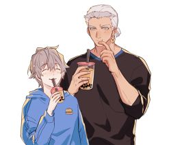 Rule 34 | 2boys, alternate costume, ashe ubert, black shirt, blue eyes, bubble tea, contemporary, cowboy shot, dedue molinaro, drinking, drinking straw, earrings, closed eyes, fire emblem, fire emblem: three houses, freckles, hand to own mouth, hood, hoodie, jewelry, katsura (guiyuy), long sleeves, male focus, multiple boys, nintendo, shirt, short hair, short sleeves, silver hair, simple background, smile, white background