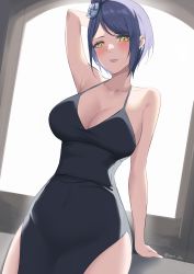 Rule 34 | 1girl, absurdres, alternate costume, arm up, bare arms, bare shoulders, black dress, blue flower, blue hair, blue rose, breasts, byeon dha, cleavage, commentary, cowboy shot, dress, flower, grey lips, hair flower, hair ornament, highres, konan (naruto), large breasts, naruto (series), naruto shippuuden, rose, short hair, sleeveless, sleeveless dress, solo, standing, yellow eyes