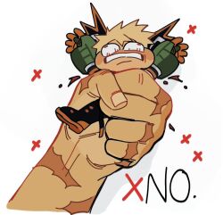 Rule 34 | 2boys, arms up, bakugou katsuki, blonde hair, boku no hero academia, boots, bulging eyes, commentary, diced rice, english commentary, english text, gloves, holding, male focus, midoriya izuku, mini person, miniboy, multiple boys, out of frame, scar, scar on hand, short hair, simple background, spiked hair, squeezing, white background