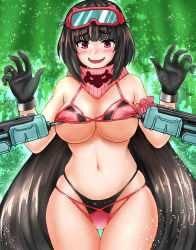 Rule 34 | 1girl, bikini, bikini top lift, black gloves, blush, breasts, brown hair, clothes lift, fate/grand order, fate (series), forest, gloves, goggles, goggles on head, gun, hands up, large breasts, low twintails, nature, navel, osakabehime (fate), osakabehime (swimsuit archer) (fate), osakabehime (swimsuit archer) (second ascension) (fate), pink eyes, scarf, skindentation, swimsuit, tears, twintails, weapon