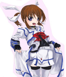 Rule 34 | 00s, 1girl, :d, ankoku emu shougun, black pantyhose, blush, boots, bow, bowtie, looking at viewer, lyrical nanoha, mahou shoujo lyrical nanoha, open mouth, pantyhose, purple eyes, red bow, red bowtie, simple background, smile, solo, standing, takamachi nanoha, takamachi nanoha (aggressor mode), thigh boots, thighhighs, twintails, white background