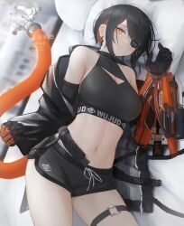 Rule 34 | 1girl, bare shoulders, black hair, breasts, cable, cable tail, cleavage cutout, clothing cutout, cyberpunk, cyborg, earrings, eyepatch, halterneck, highres, jacket, jewelry, looking at viewer, lying, mechanical arms, mechanical tail, medium breasts, midriff, mihato senba, navel, on side, open clothes, open jacket, orange eyes, original, short hair, shorts, slit pupils, solo, sumi elias, swept bangs, tail