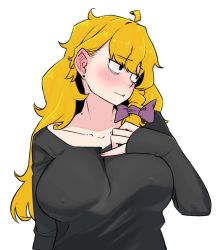 Rule 34 | 1girl, ahoge, alternate costume, archived source, bad id, bad twitter id, bags under eyes, black shirt, blonde hair, blush, bow, braid, breasts, closed mouth, commentary request, cookie (touhou), covered erect nipples, ear piercing, embarrassed, hair bow, highres, kirisame marisa, large breasts, long hair, looking to the side, mars (cookie), ohasi, piercing, purple bow, shirt, side braid, simple background, single braid, sleeves past wrists, solo, t-shirt, touhou, upper body, white background