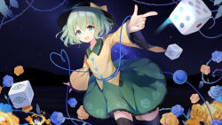 Rule 34 | 1girl, :d, absurdres, black thighhighs, blouse, blue flower, blue rose, blush, breasts, cho kagaku no rei kyoju, commentary request, dice, floral print, flower, foreshortening, green eyes, green hair, green skirt, hat, heart, heart of string, highres, komeiji koishi, looking at viewer, night, night sky, open mouth, plant, pointing, rose, shirt, short hair, skirt, sky, small breasts, smile, solo, thighhighs, touhou, vines, yellow flower, yellow rose, yellow shirt