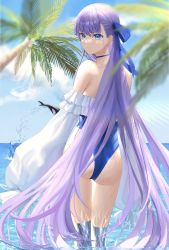 Rule 34 | 1girl, absurdres, armor, artist request, ass, back, bare shoulders, beach, blue eyes, blue ribbon, blush, breasts, fate/grand order, fate (series), frilled one-piece swimsuit, frills, greaves, hair ribbon, highleg, highleg swimsuit, highres, long hair, long sleeves, looking at viewer, looking back, meltryllis, meltryllis (fate), meltryllis (swimsuit lancer) (fate), meltryllis (swimsuit lancer) (second ascension) (fate), ocean, off-shoulder one-piece swimsuit, off shoulder, one-piece swimsuit, orca, prosthesis, prosthetic leg, puffy sleeves, purple hair, ribbon, sleeves past fingers, sleeves past wrists, small breasts, solo, swimsuit, thighs, very long hair, wading, white ribbon