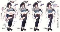 Rule 34 | 1girl, arrow (symbol), asymmetrical pants, belly, black footwear, black hair, black pants, blue hair, blue nails, blush, breasts, clothing cutout, collarbone, colored tips, crop top, fat, floating hair, frown, grey shirt, hand on own chest, head tilt, heart, holding, holding hair, leaning to the side, long hair, looking at viewer, medium breasts, multicolored hair, nail polish, navel, original, pants, plump, ponytail, shirt, simple background, smile, thick thighs, thigh cutout, thighs, toro (tororo), translation request, very long hair, weight, weight gain, white background