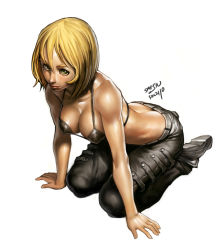 Rule 34 | 1girl, arm support, bikini, bikini top only, blonde hair, breasts, butt crack, cleavage, downpants, face, green hair, highres, kneeling, leaning forward, lips, medium breasts, original, pants, realistic, saejin oh, short hair, signature, simple background, solo, swimsuit, white background